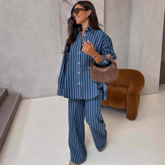 Long-sleeved Collared Cardigan Striped Shirt and Trousers Casual Suit