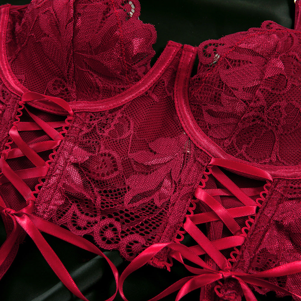 Sexy Camisole Lace Half Cup Herringbone Underwire Gathered Bra Set