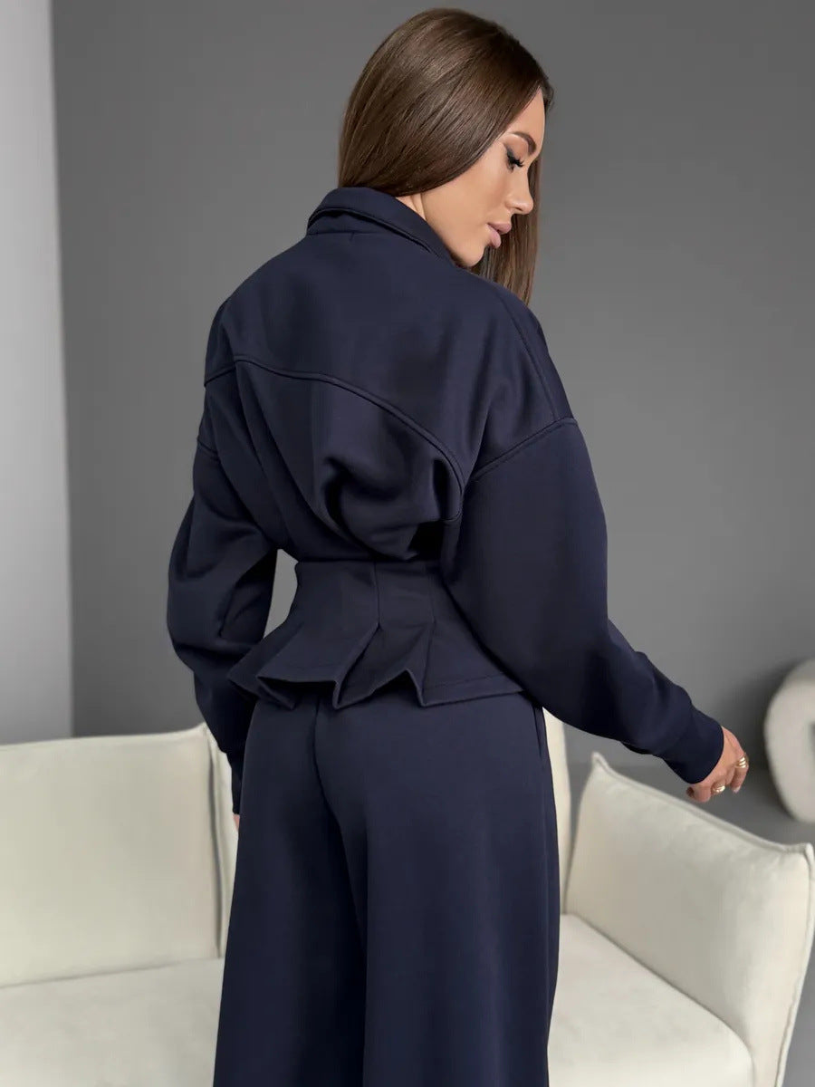 Stand-up Collar Long-sleeved Belted Sweatshirt and Casual Pants Set