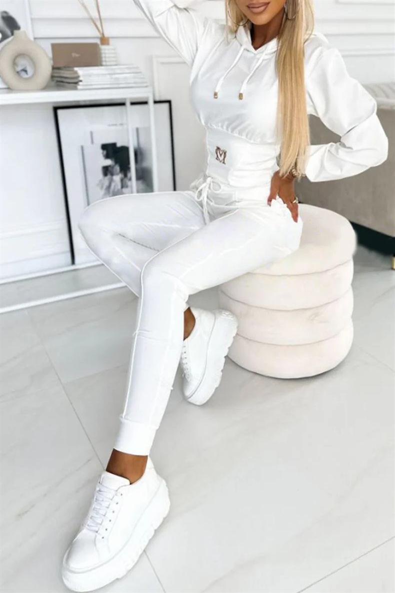 Waist-cinching Hooded Top and Trousers Casual Sportswear Set