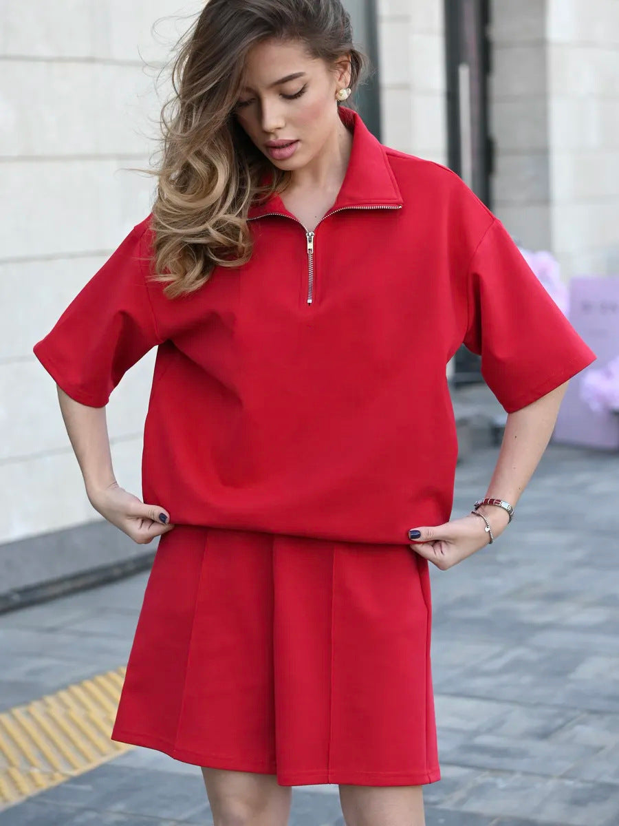Solid Color Short-sleeved Shirt and Shorts Turtleneck Zip-up Casual Sportswear Set