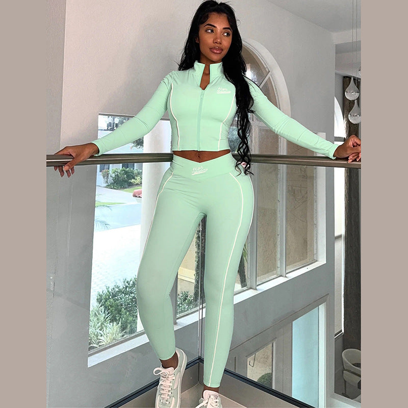 Sexy Navel-Baring Long Sleeve Top Slim Fit Hip-hugging Trousers Set