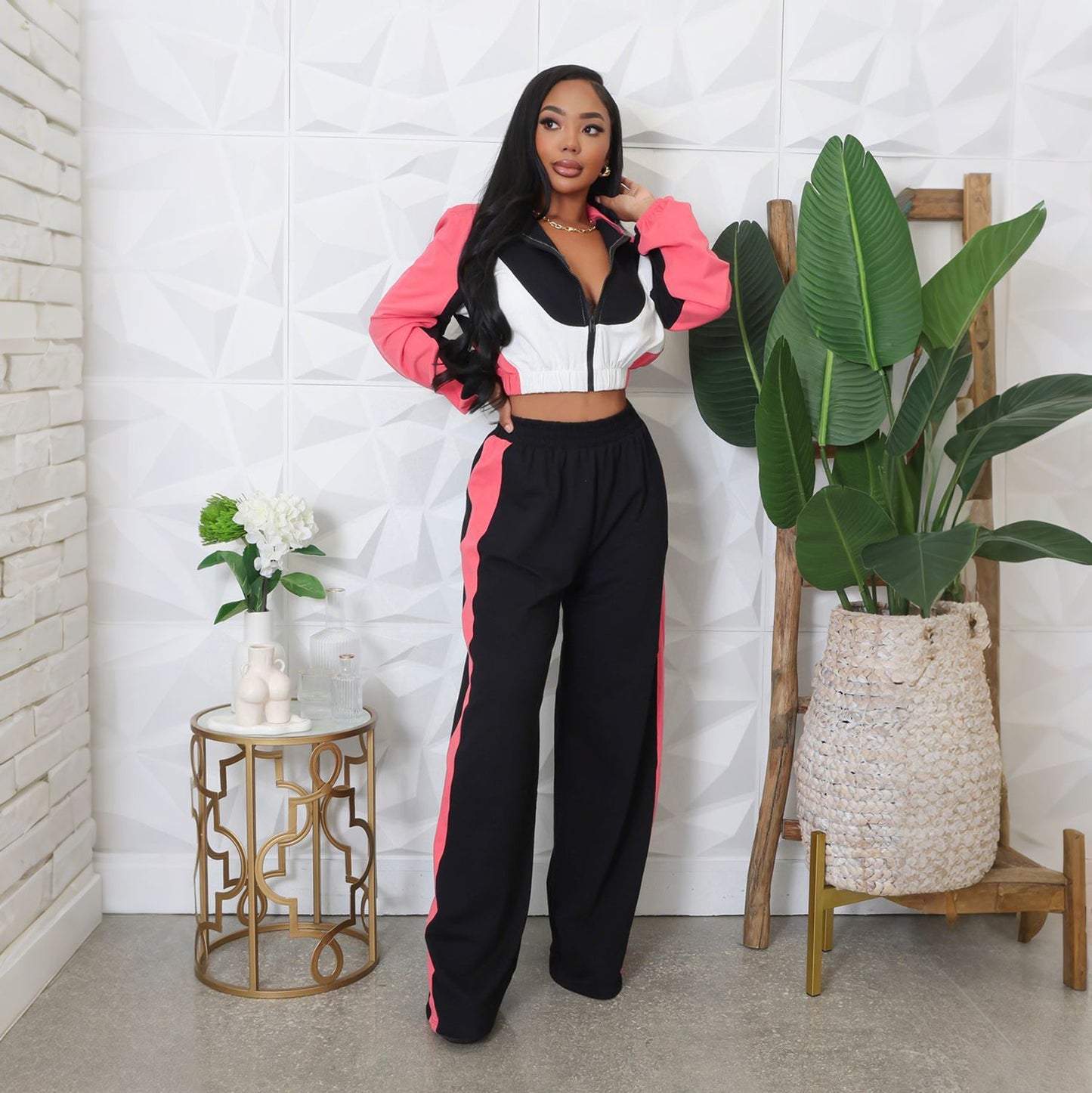 Long-sleeved Turtleneck Color-blocked Short Jacket and Wide-leg Pants Tracksuit