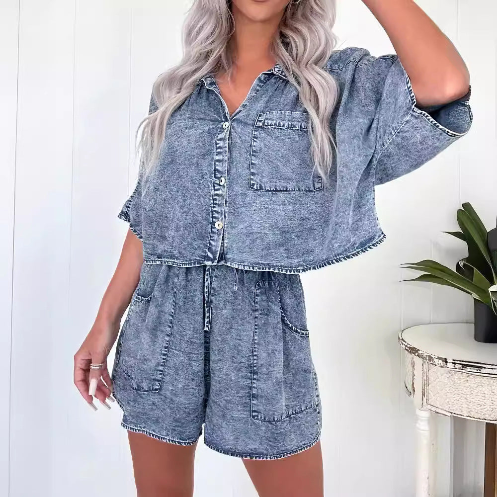 Fashion Casual Loose Washed Ladies Shirt Denim Shorts Suit