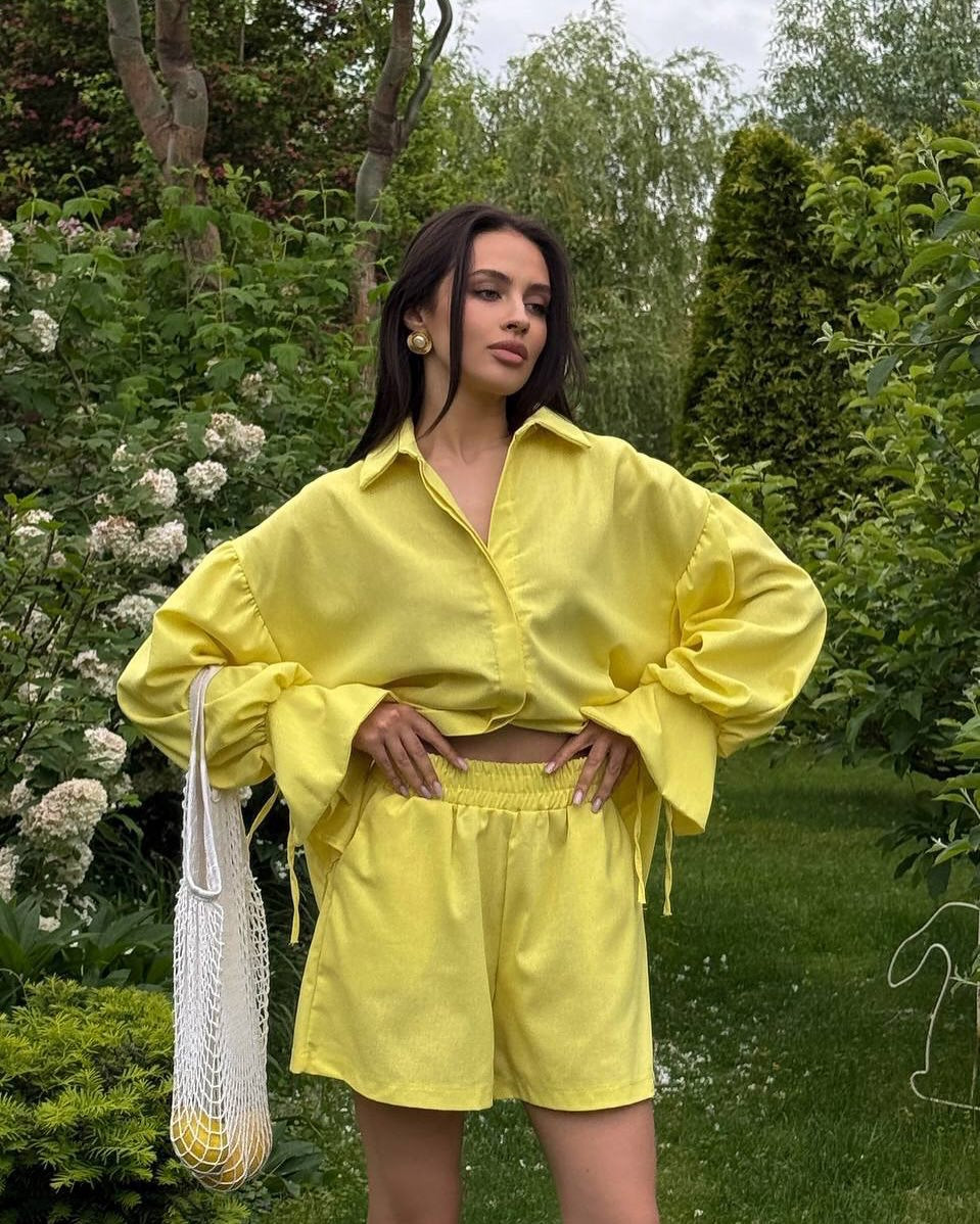 Collared Loose Long-Sleeved Shirt and Wide-Leg Shorts Casual Suit