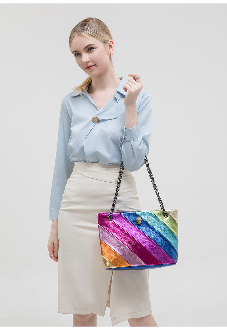 Rainbow Contrast Patchwork Chain Eagle Head Crossbody Bag