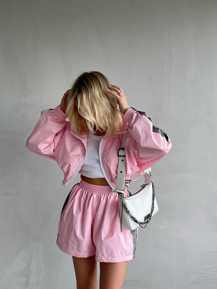 Stylish Long-sleeved Zip-up Sports Cardigan Jacket and Shorts Sports Casual Set