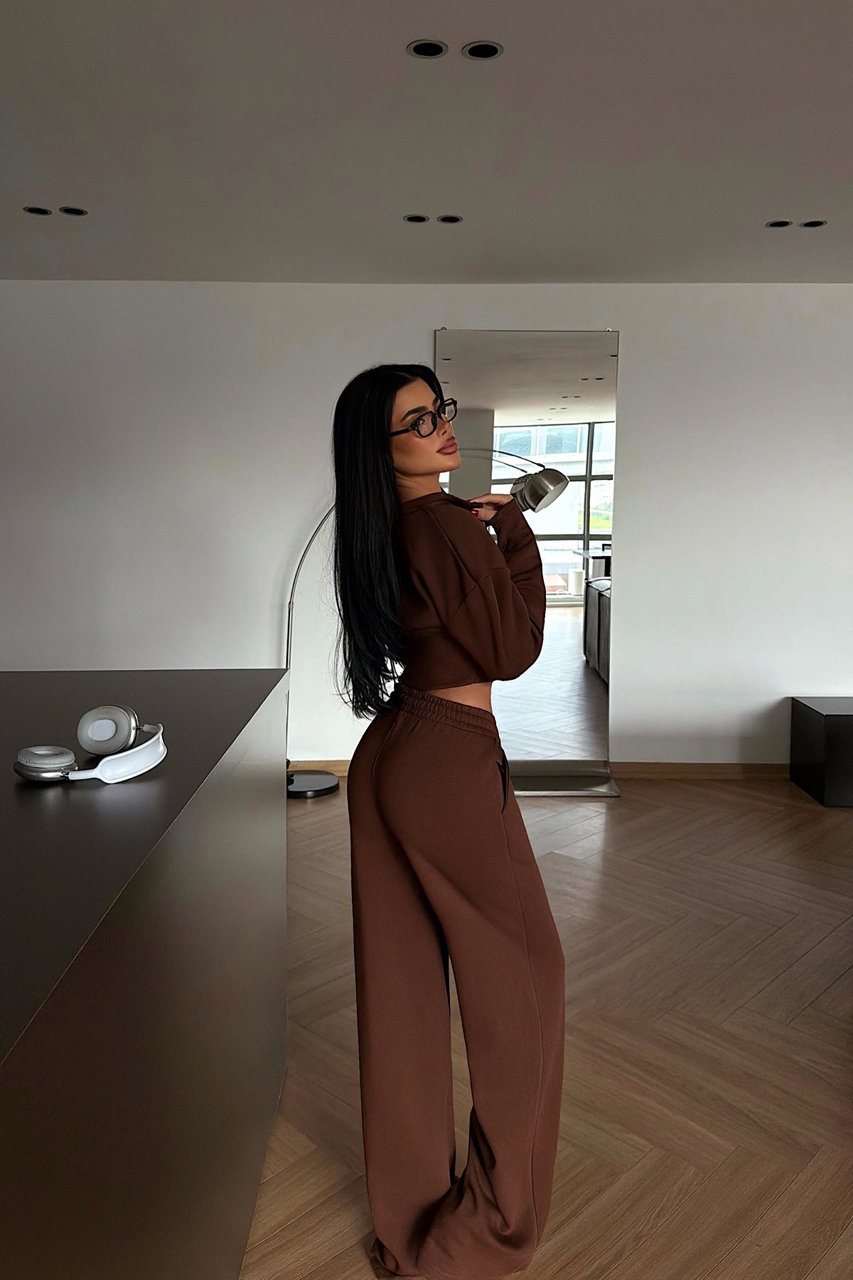 Stylish Solid Color Zip-up Cardigan and Wide-leg Pants Casual Suit