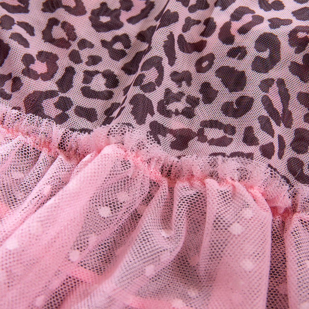 Sexy Pink Leopard Print Tulle Puffy Dress + T-Back