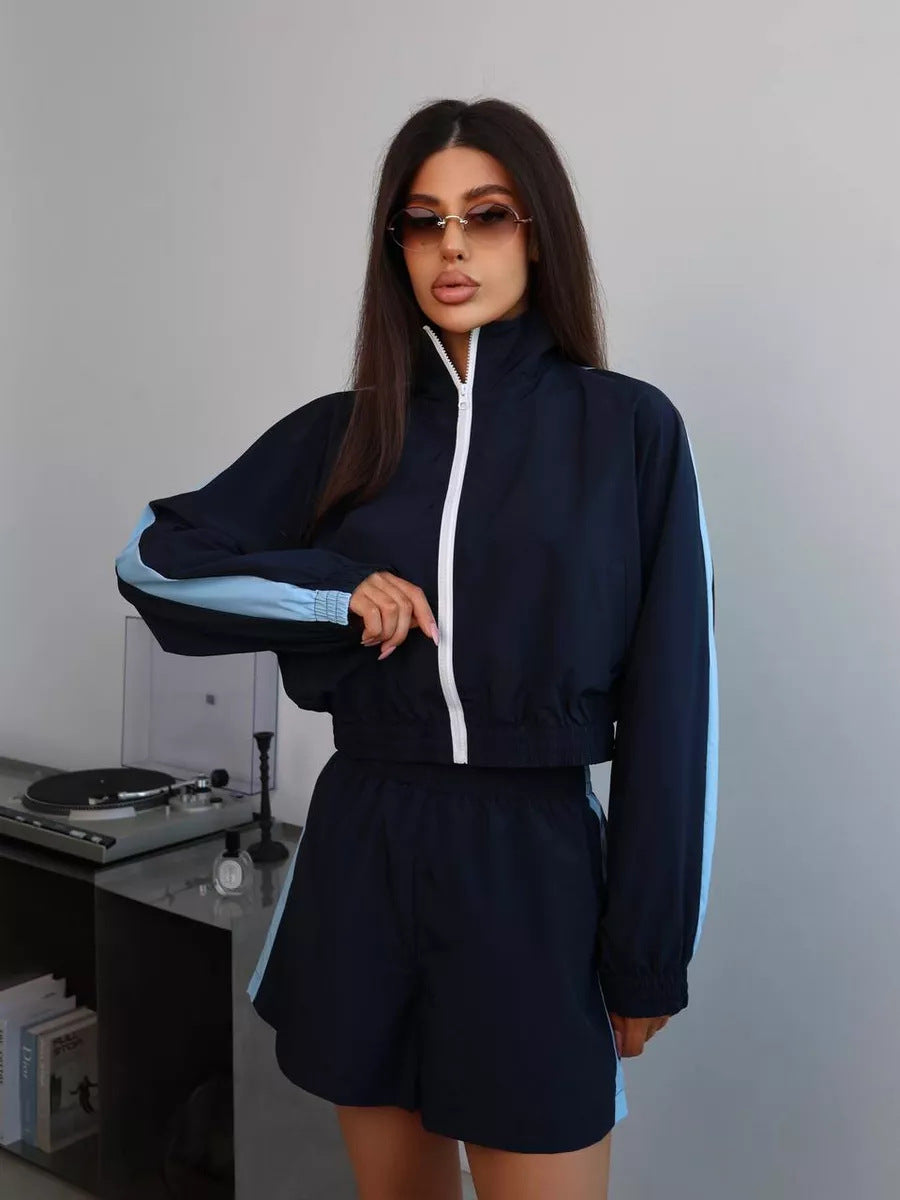 Stylish Long-sleeved Zip-up Sports Cardigan Jacket and Shorts Sports Casual Set