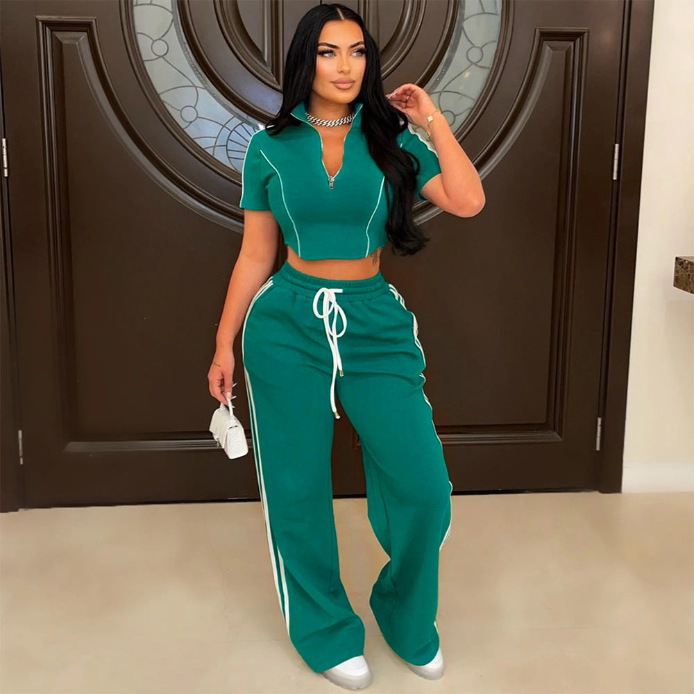 Casual Zip-up Short-sleeved Cropped Top Paired with Loose-fitting Trousers Set