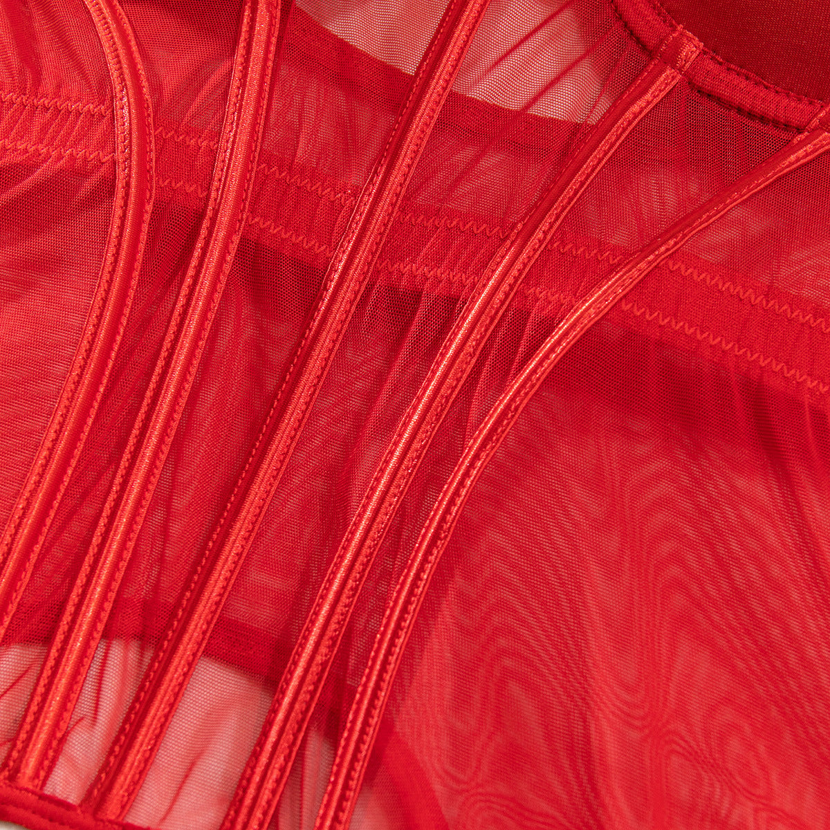 Sexy Gathered Split Leg Ring Mesh Bodysuit Three-piece Set