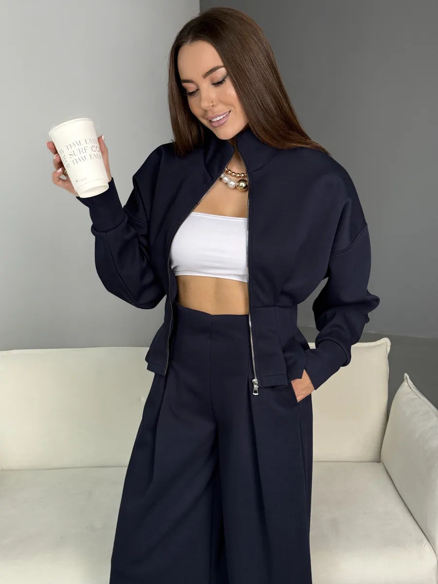 Stand-up Collar Long-sleeved Belted Sweatshirt and Casual Pants Set