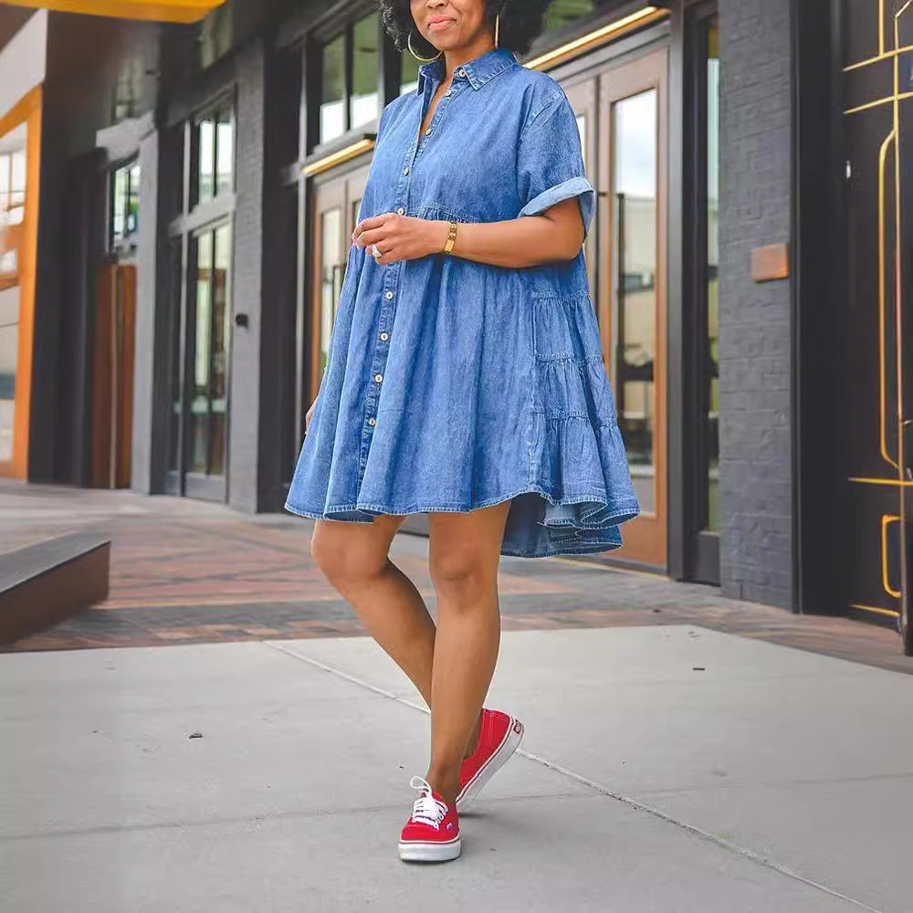 Short-sleeved Lapel Single-breasted Multi-button Casual Denim Dress