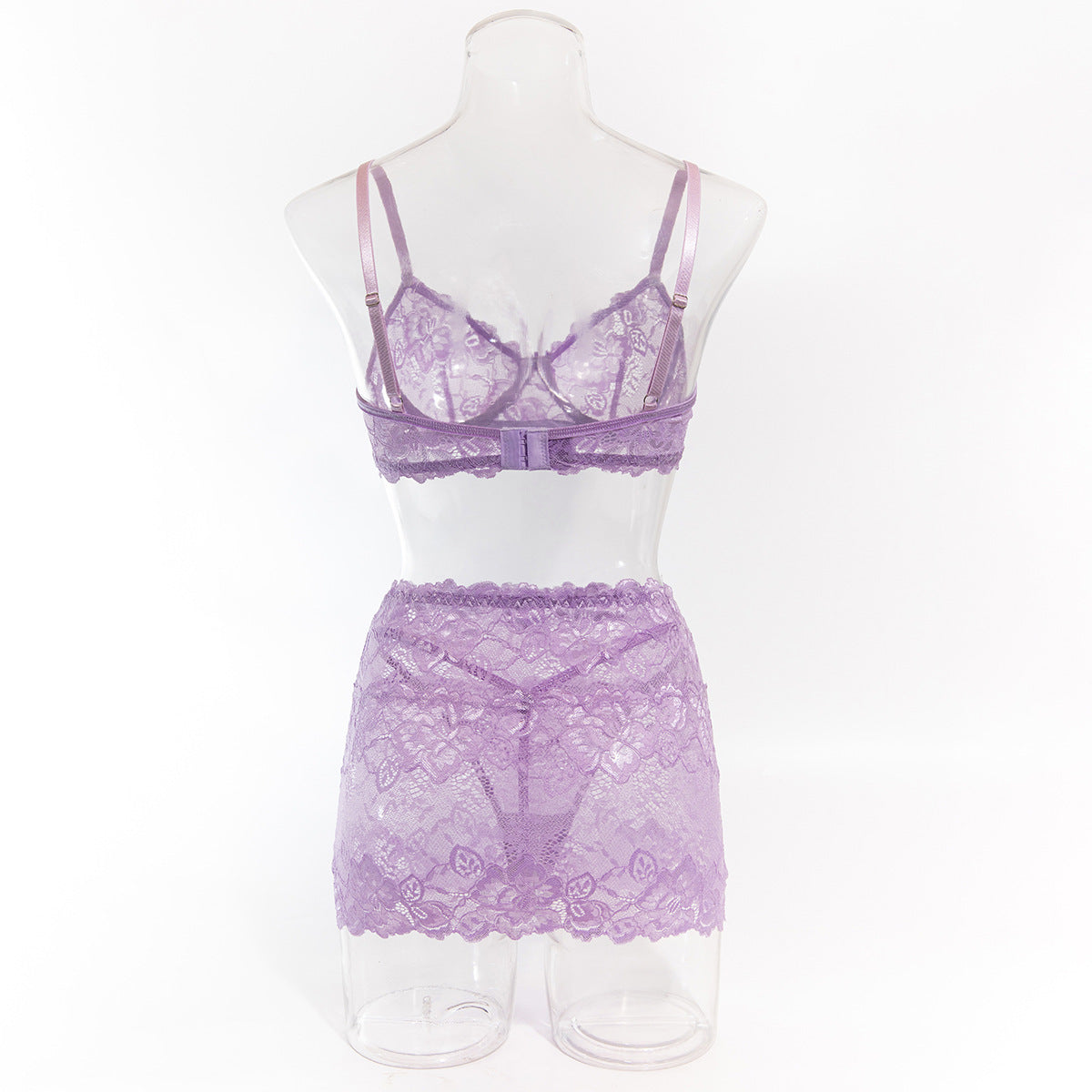 Sexy Light Purple Lace See-through Steel Ring Gathered Hip Skirt Three-piece Set