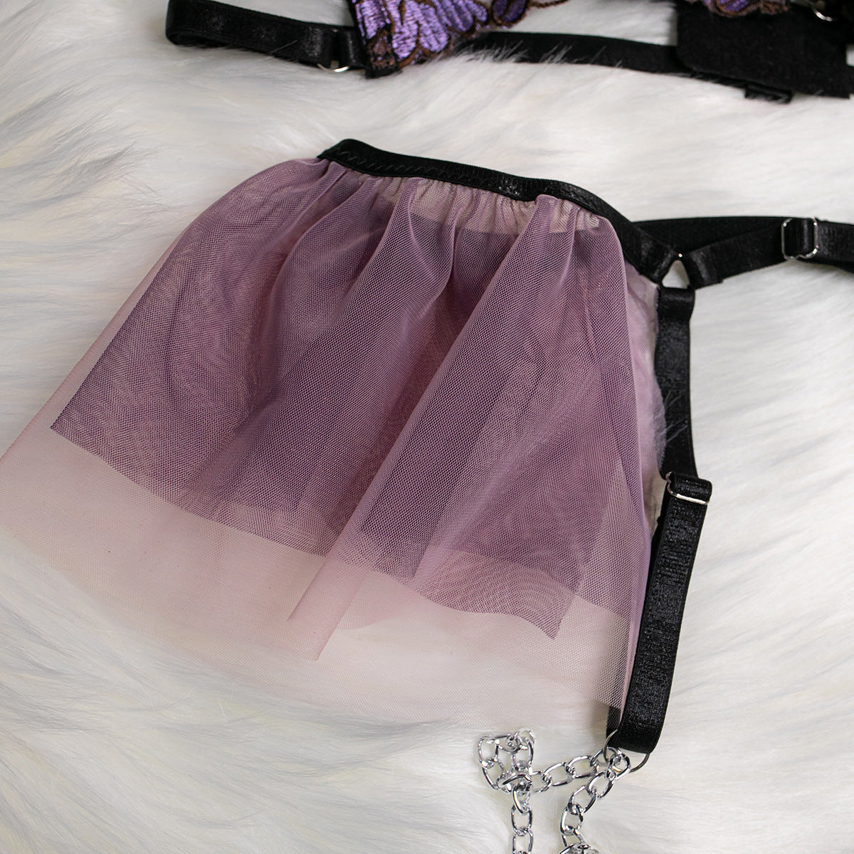 Embroidered Flower Gathered Cute Metal Chain Sexy Lingerie Four-piece Set