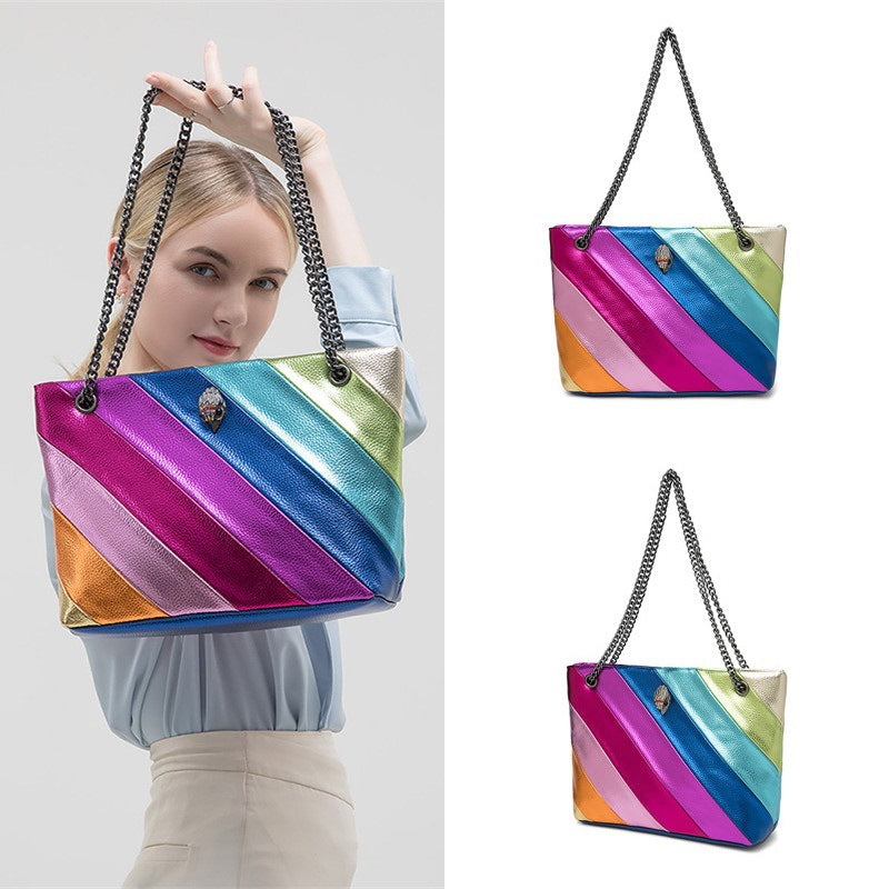 Rainbow Contrast Patchwork Chain Eagle Head Crossbody Bag