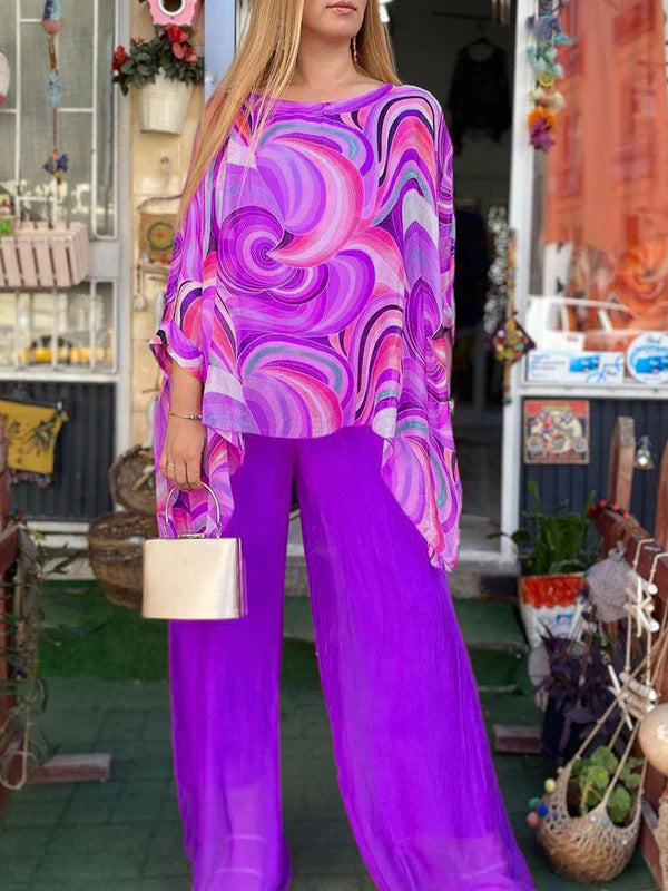 Casual Round Neck Colorful Printed Chiffon Suit