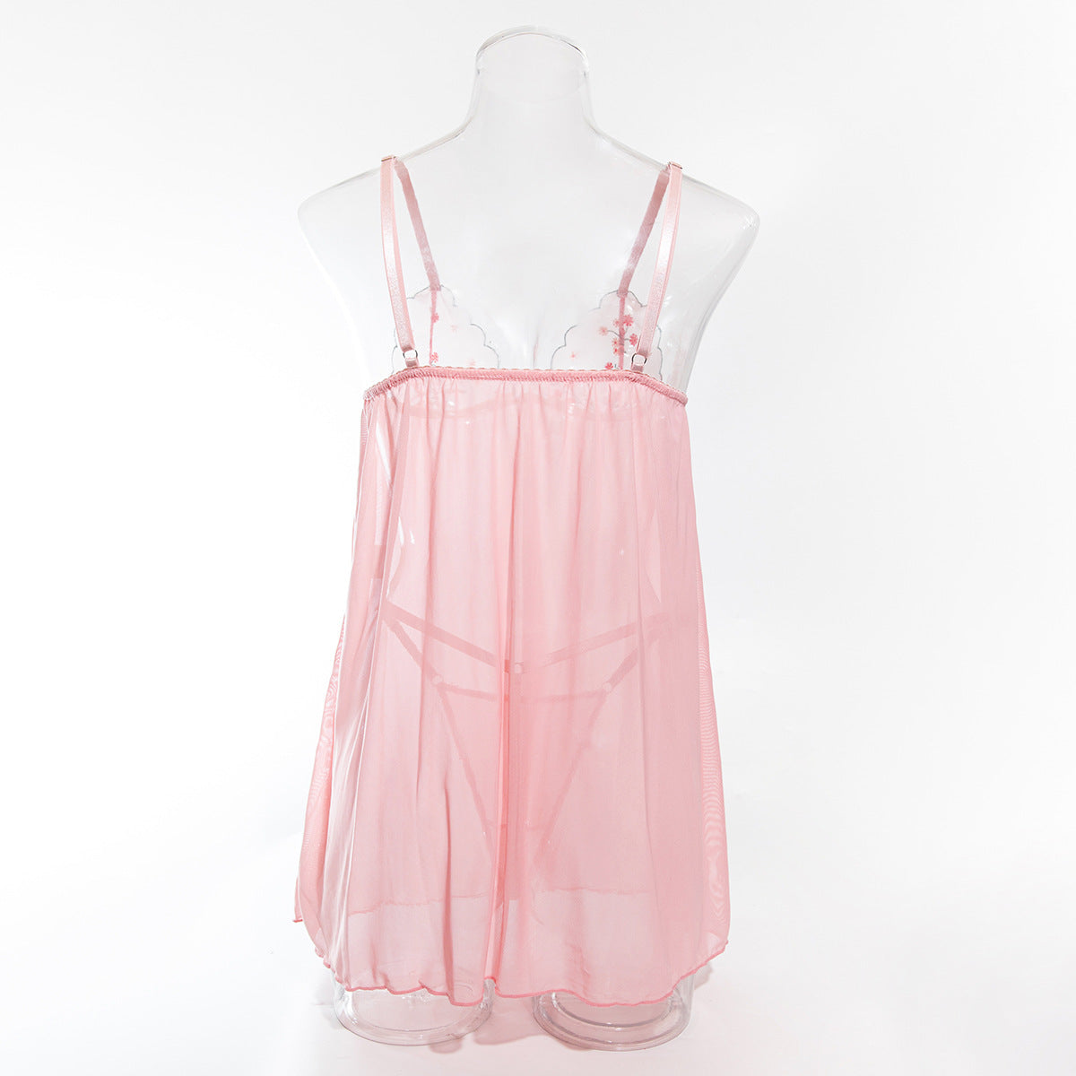 Sexy Ultra-thin Mesh Floral Embroidery See-through Sexy Nightdress + T-Back Two-piece Set