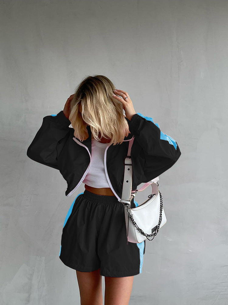 Stylish Long-sleeved Zip-up Sports Cardigan Jacket and Shorts Sports Casual Set