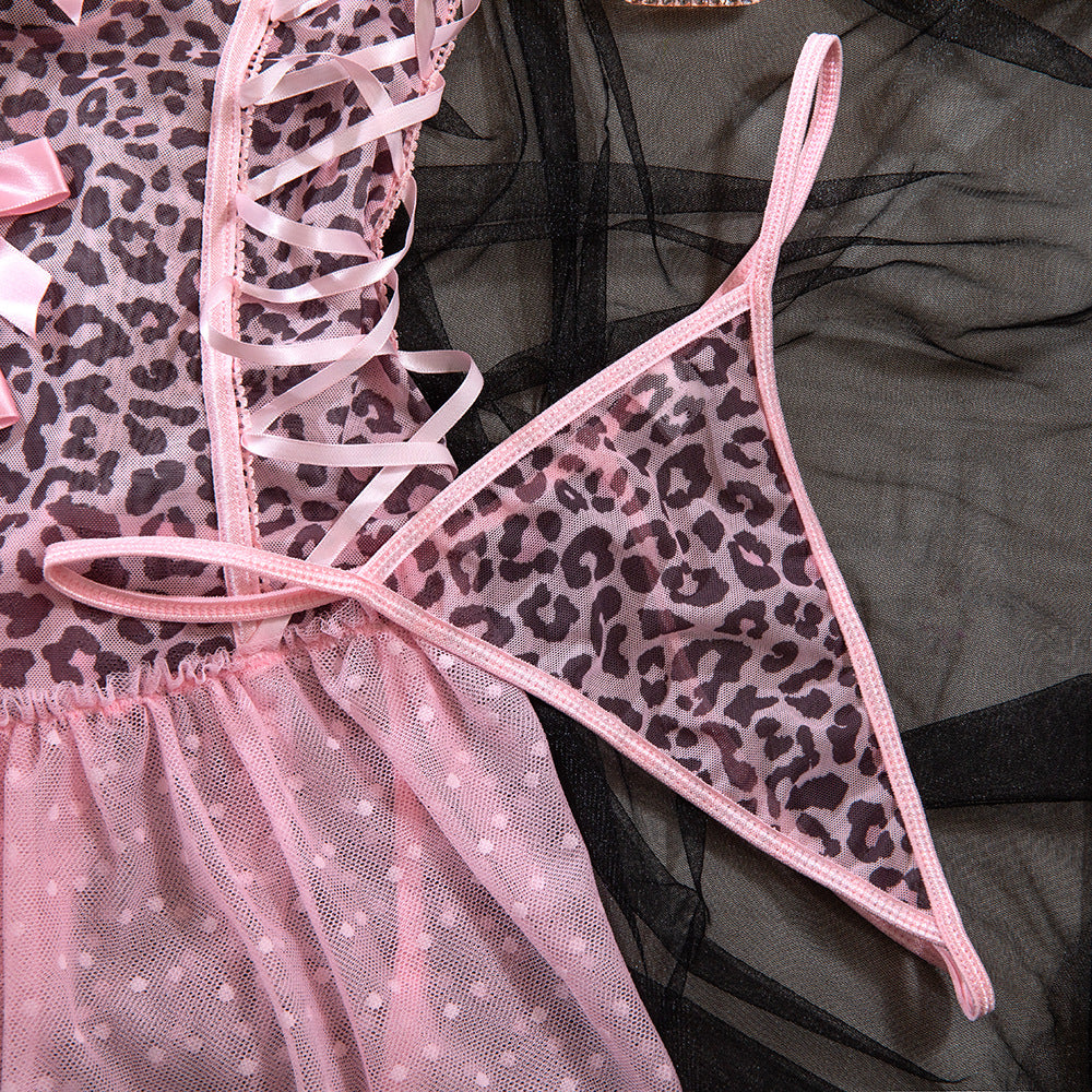 Sexy Pink Leopard Print Tulle Puffy Dress + T-Back