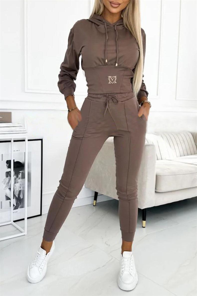 Waist-cinching Hooded Top and Trousers Casual Sportswear Set