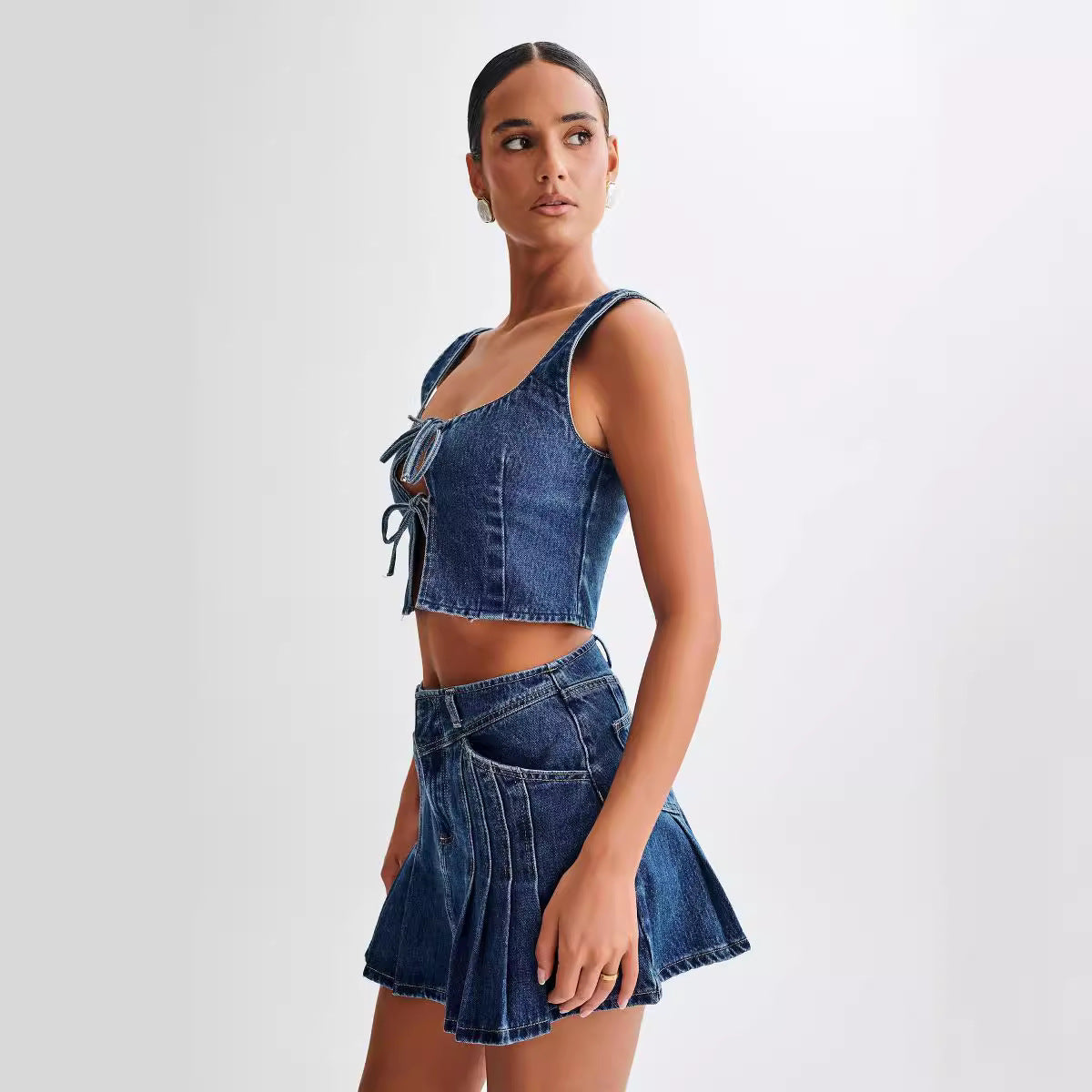 Fashion Personality Sleeveless Drawstring Top Denim Skirt Suit
