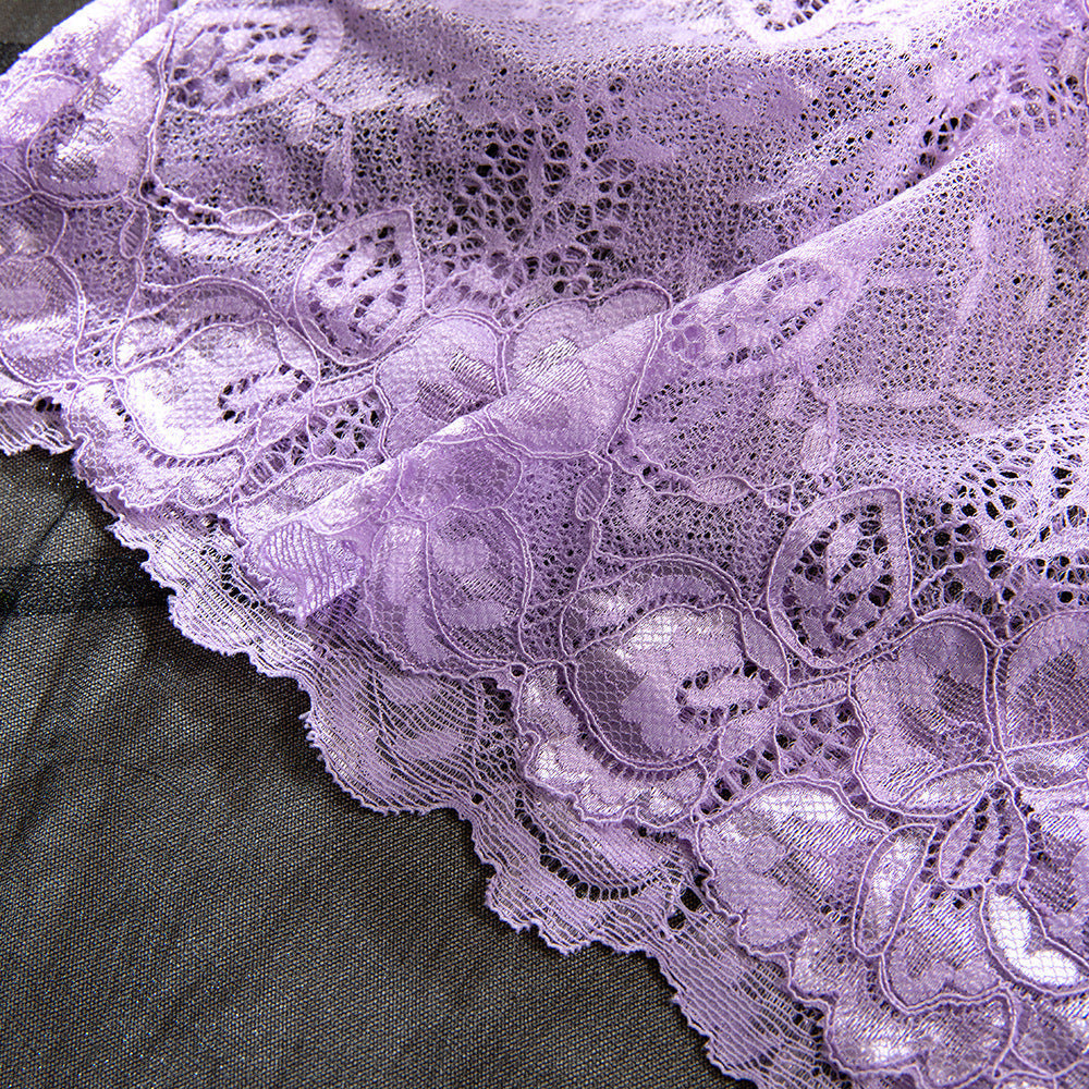 Sexy Light Purple Lace See-through Steel Ring Gathered Hip Skirt Three-piece Set