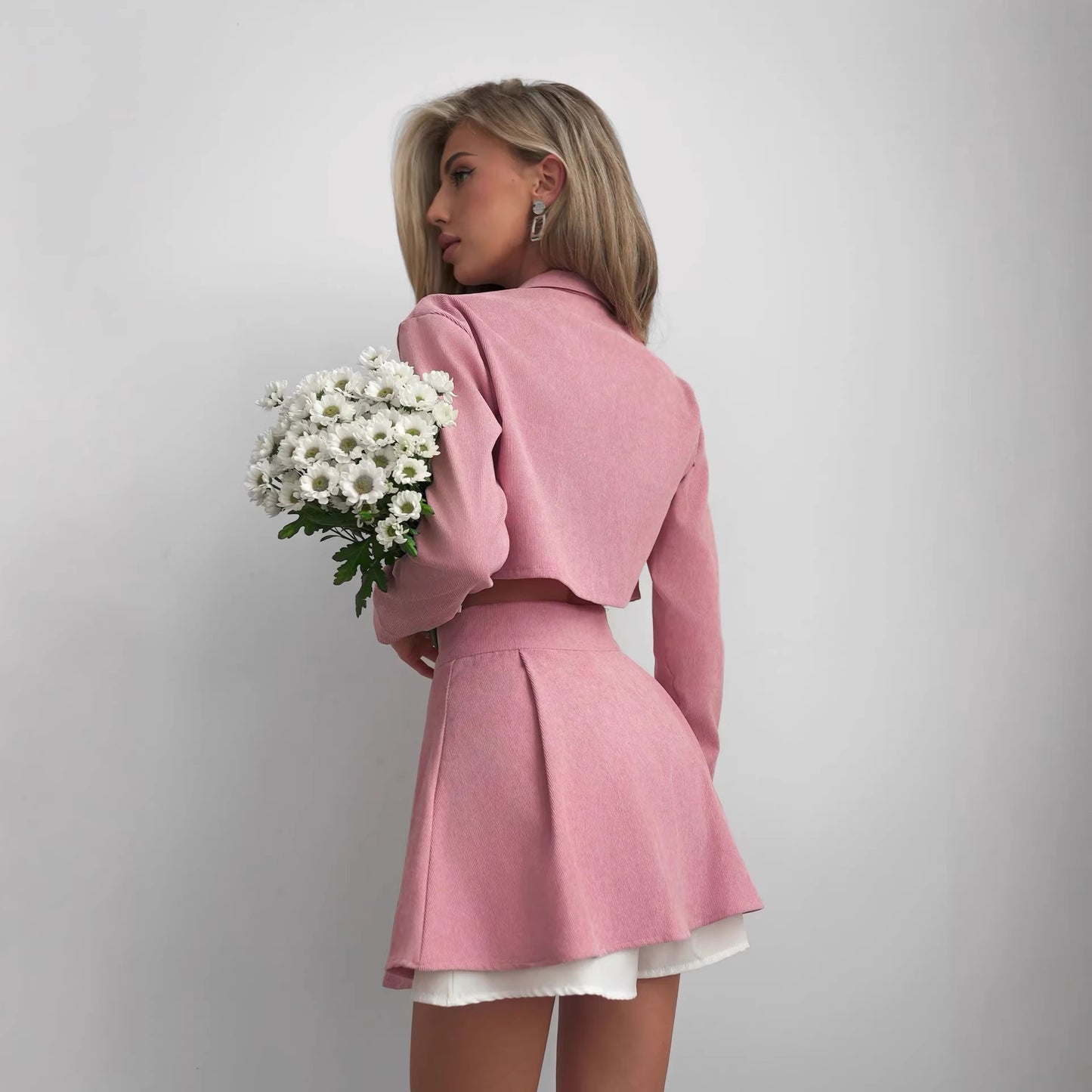 Faux Two-piece Spliced top and High-waisted A-line Skirt and Pants Set