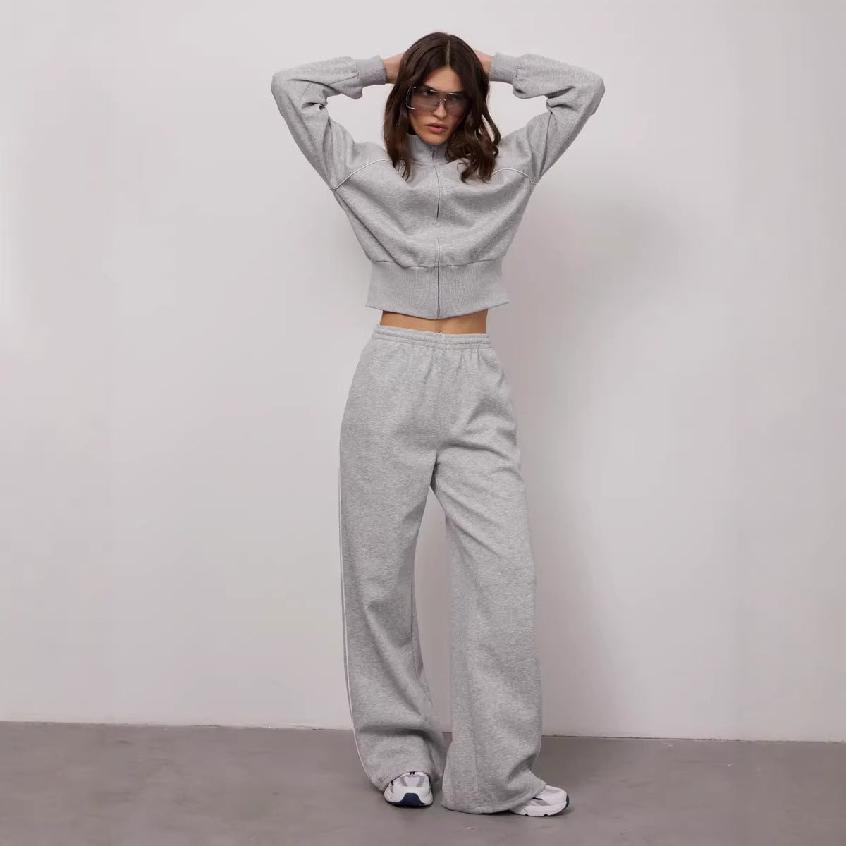 Stylish Line Long-Sleeved Zipper Cardigan Loose-Fitting Trousers Casual Suit