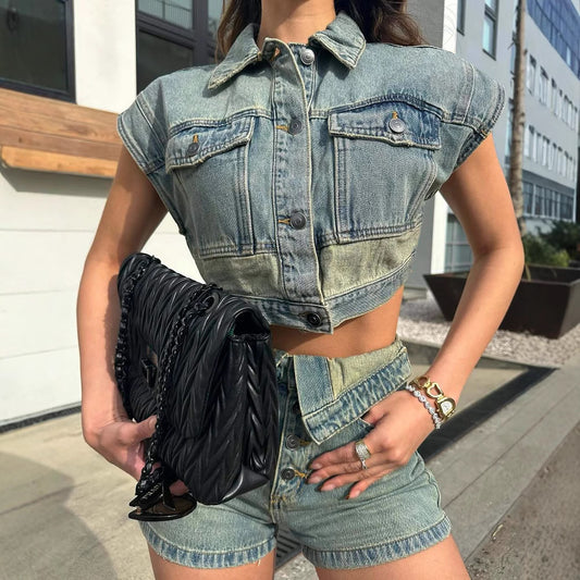 Fashionable Casual Denim Colorblock Two-piece Suit for Women