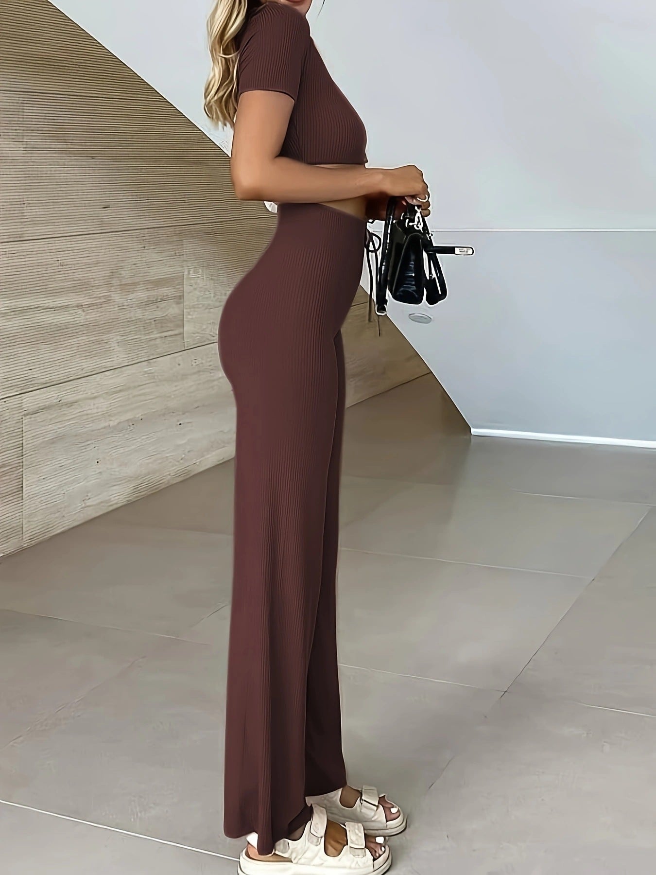 Solid Color High Elastic Shaping Short-Sleeve Wide-Leg Pants Casual Set