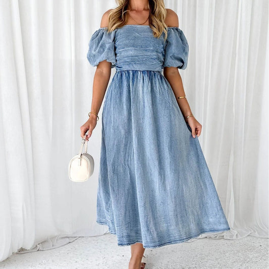 Elegant Puff Sleeve Waisted Long Denim Dress with Elastic Waist