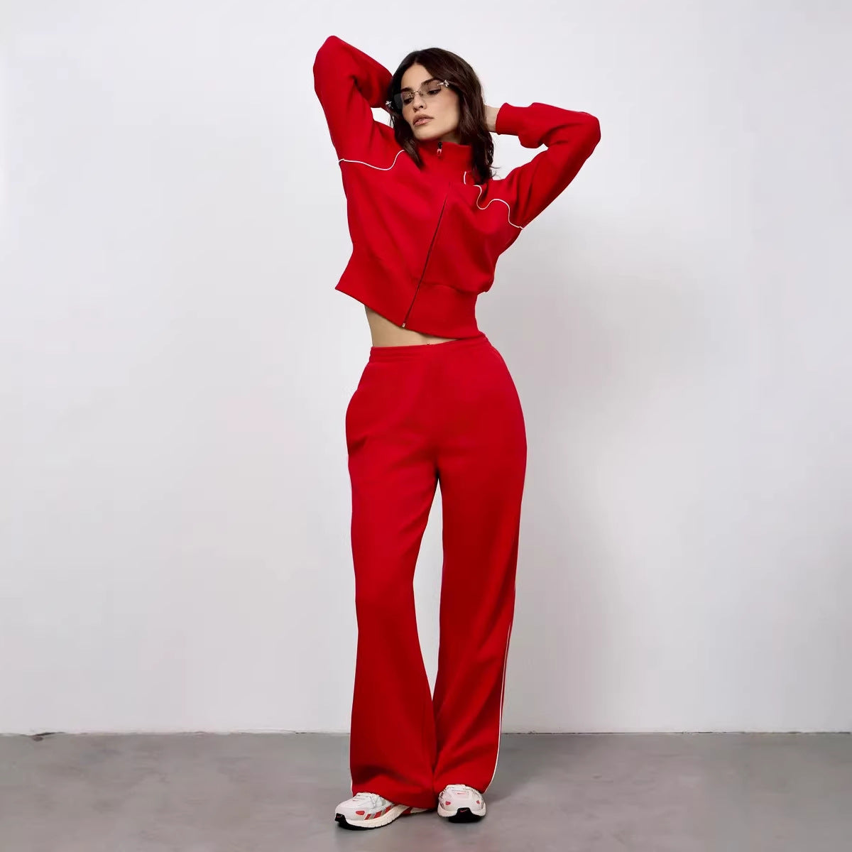 Stylish Line Long-Sleeved Zipper Cardigan Loose-Fitting Trousers Casual Suit