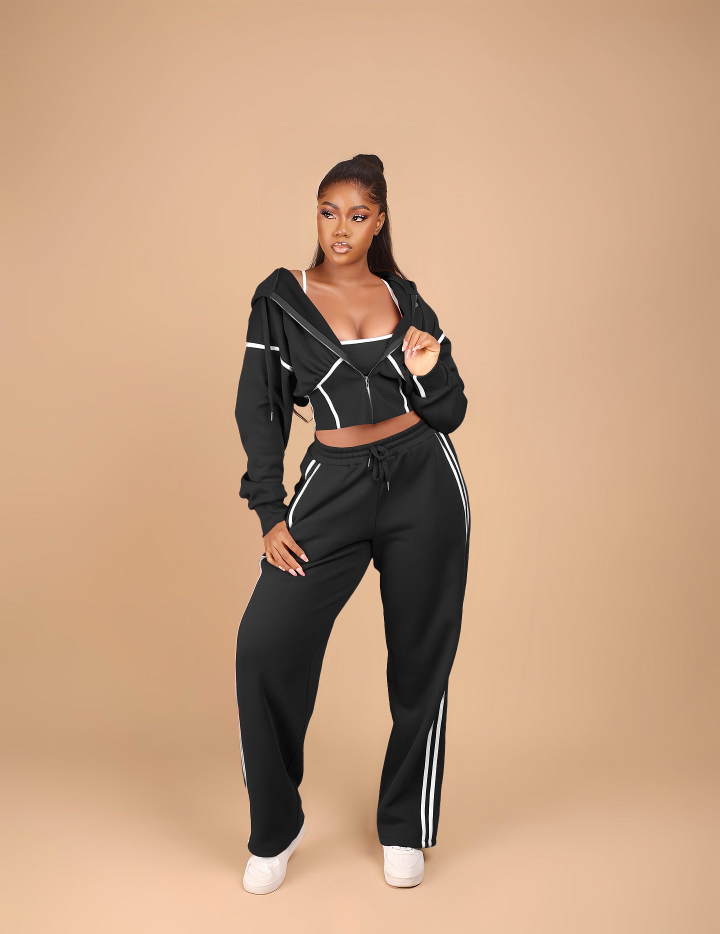 Fashionable Patchwork Hooded Sweatshirt Sports Casual Three-piece Suit