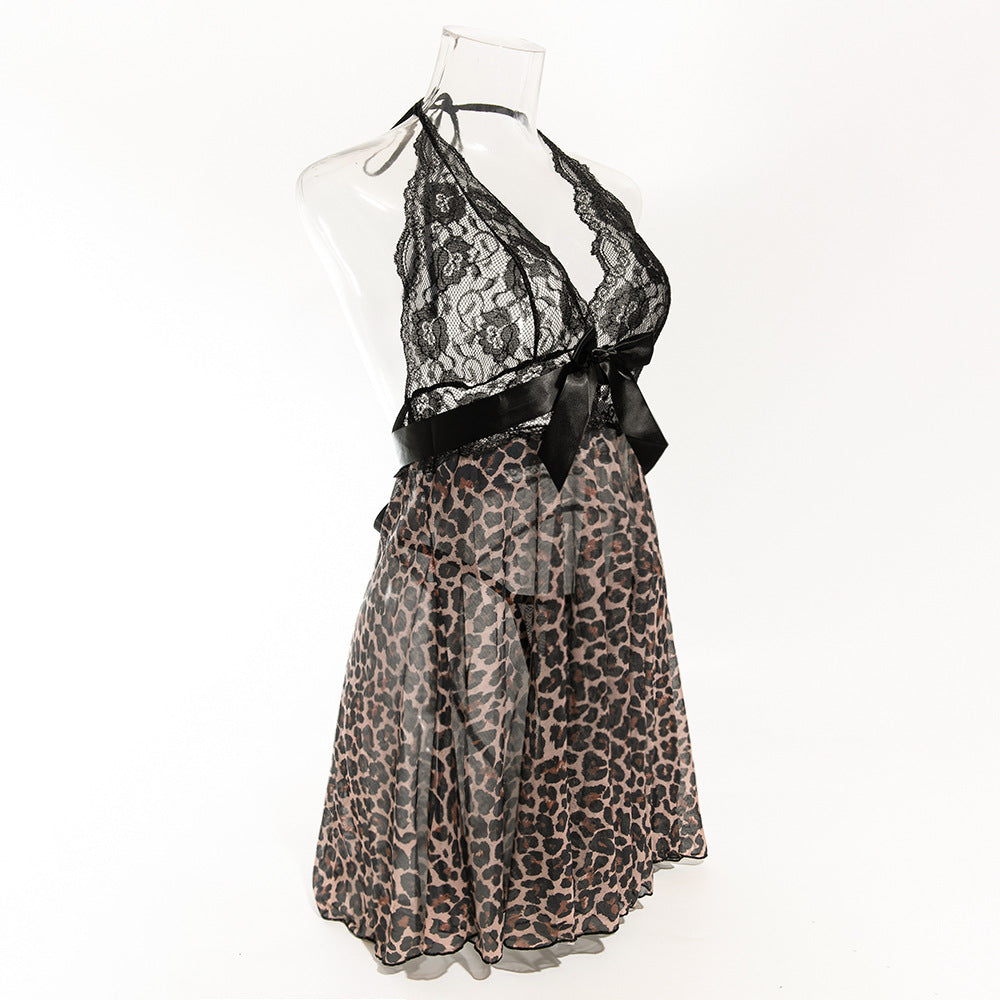 Lace Leopard Print See-through Lace-up Sexy Nightdress