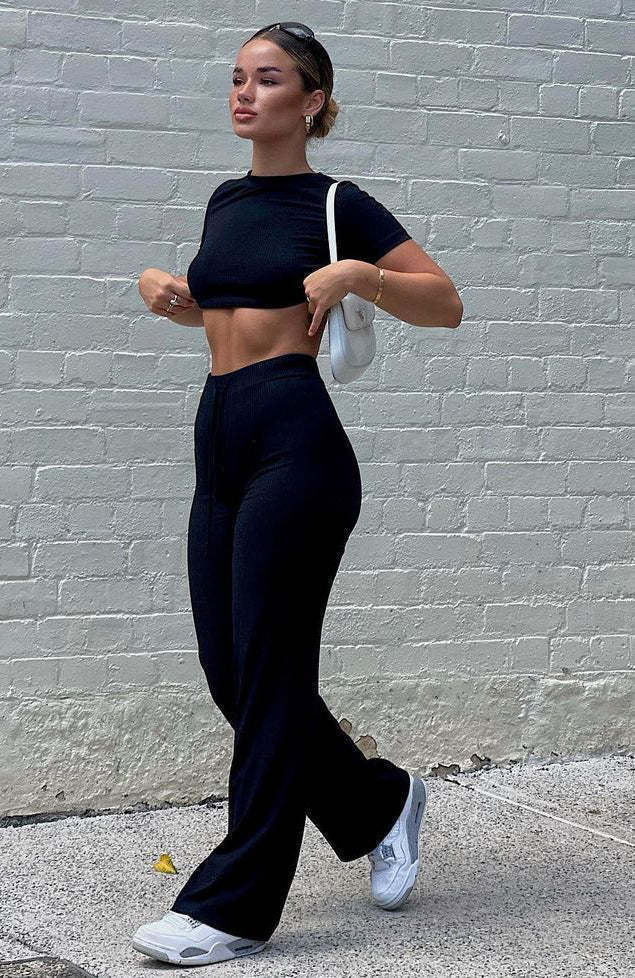 Solid Color High Elastic Shaping Short-Sleeve Wide-Leg Pants Casual Set