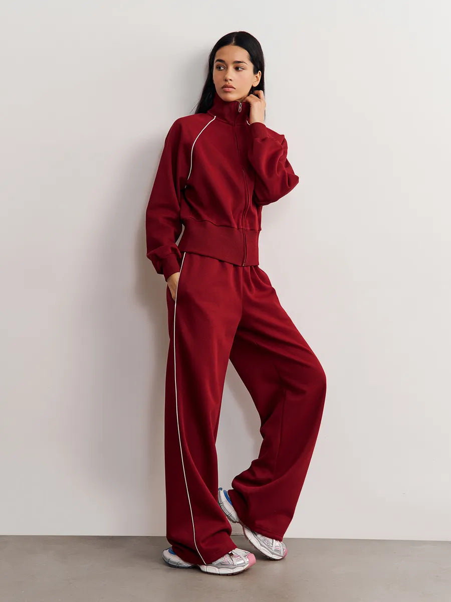 Stylish Line Long-Sleeved Zipper Cardigan Loose-Fitting Trousers Casual Suit
