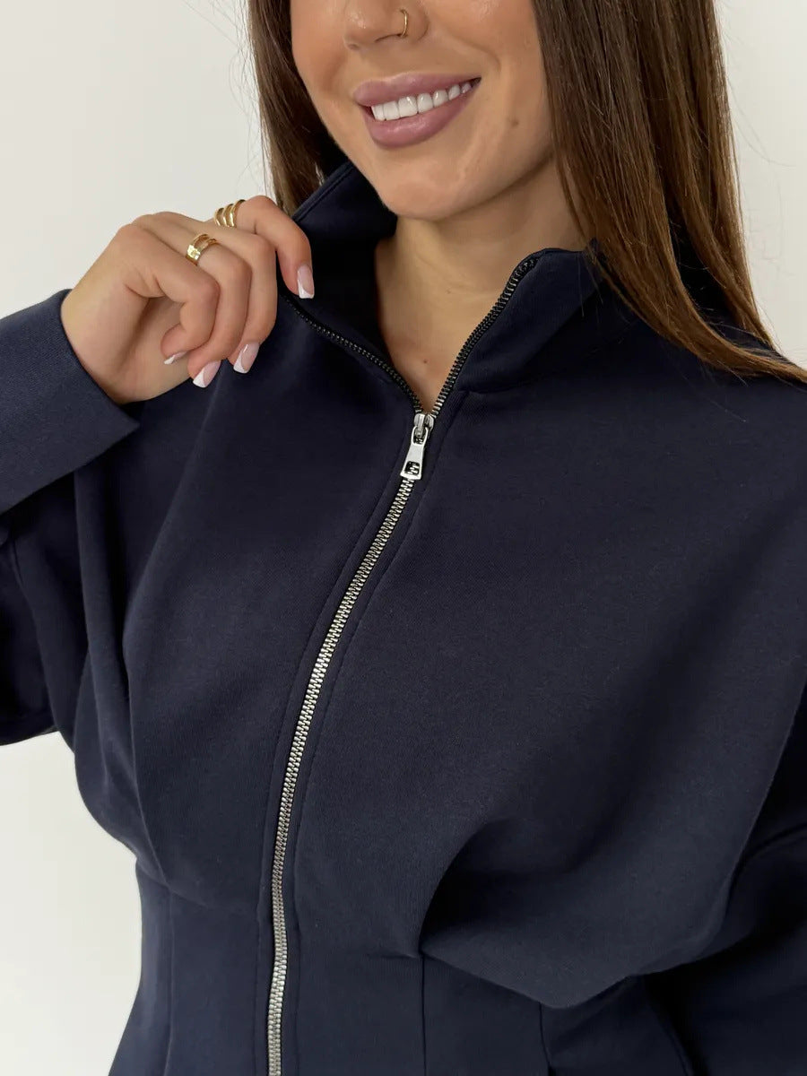 Stand-up Collar Long-sleeved Belted Sweatshirt and Casual Pants Set
