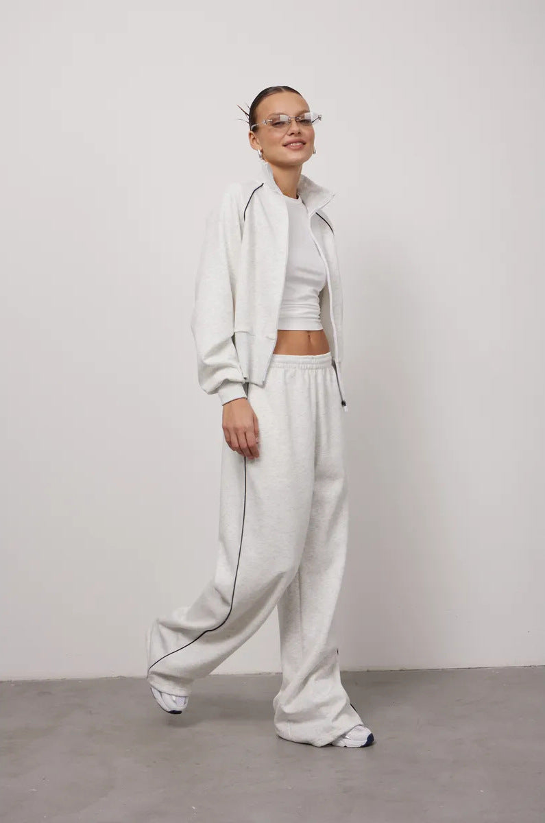Stylish Line Long-Sleeved Zipper Cardigan Loose-Fitting Trousers Casual Suit