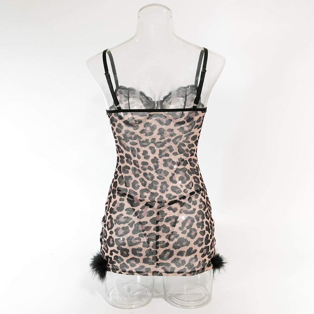 Sexy Wild Leopard Print Stitching Feather Underwire Gathered Dress Thong