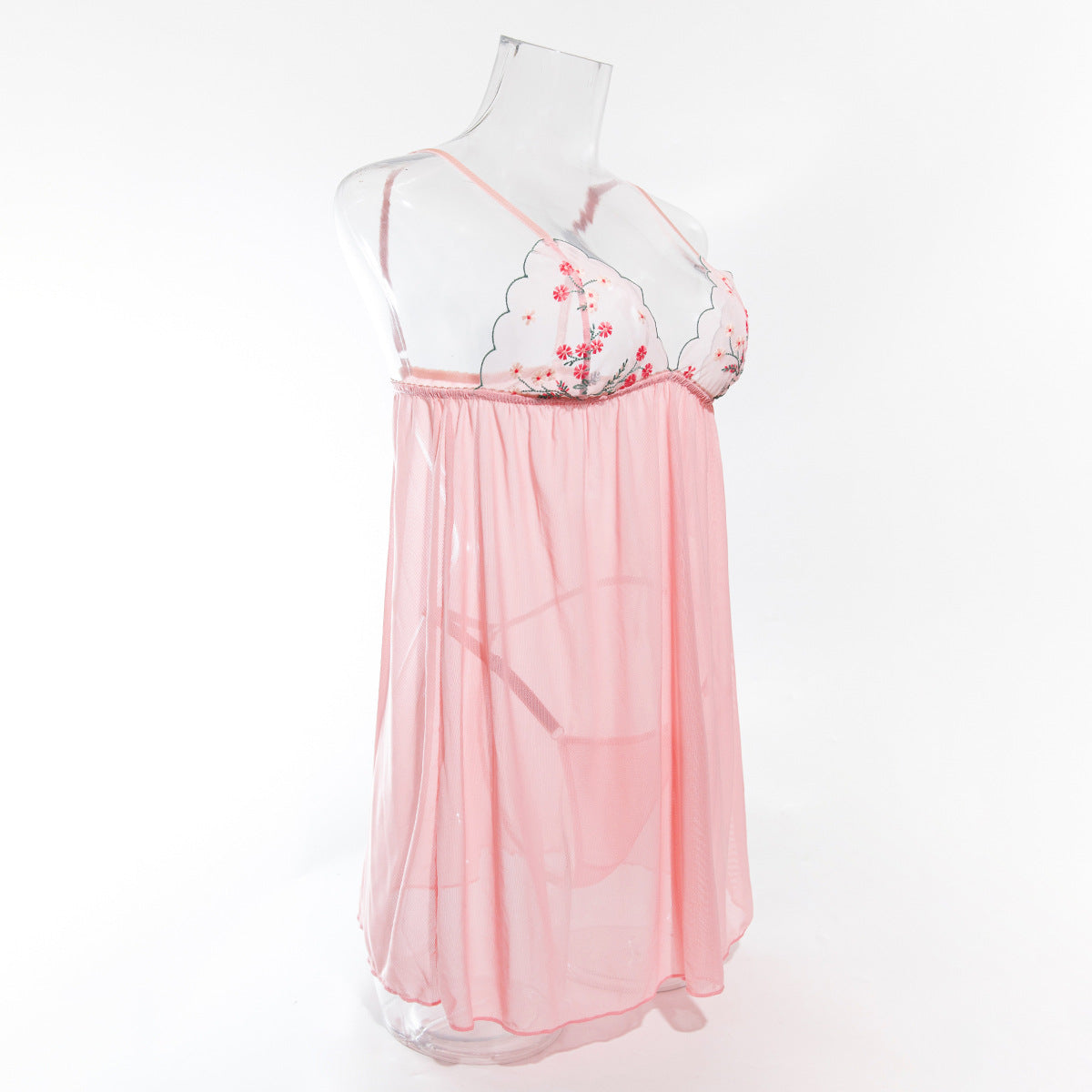 Sexy Ultra-thin Mesh Floral Embroidery See-through Sexy Nightdress + T-Back Two-piece Set