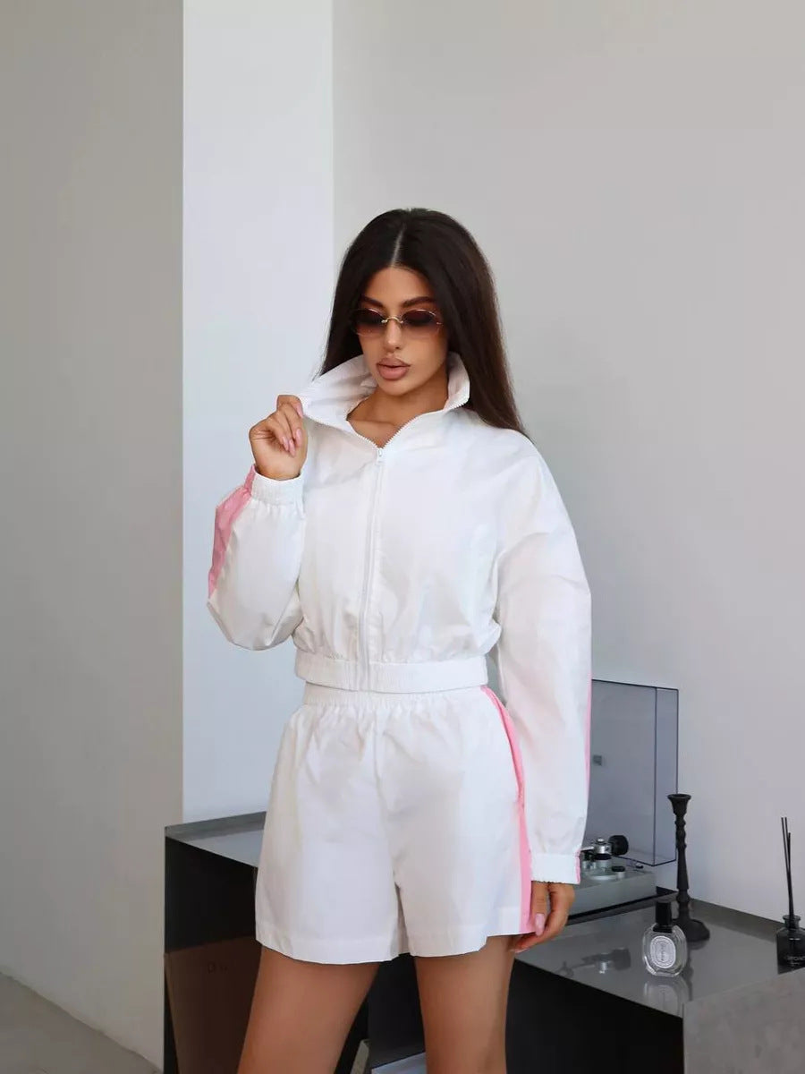 Stylish Long-sleeved Zip-up Sports Cardigan Jacket and Shorts Sports Casual Set