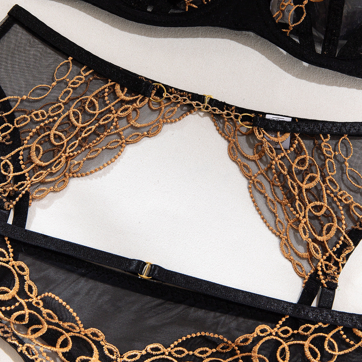 Sexy Embroidery Mesh Bra Steel Ring Gathered Waist Set