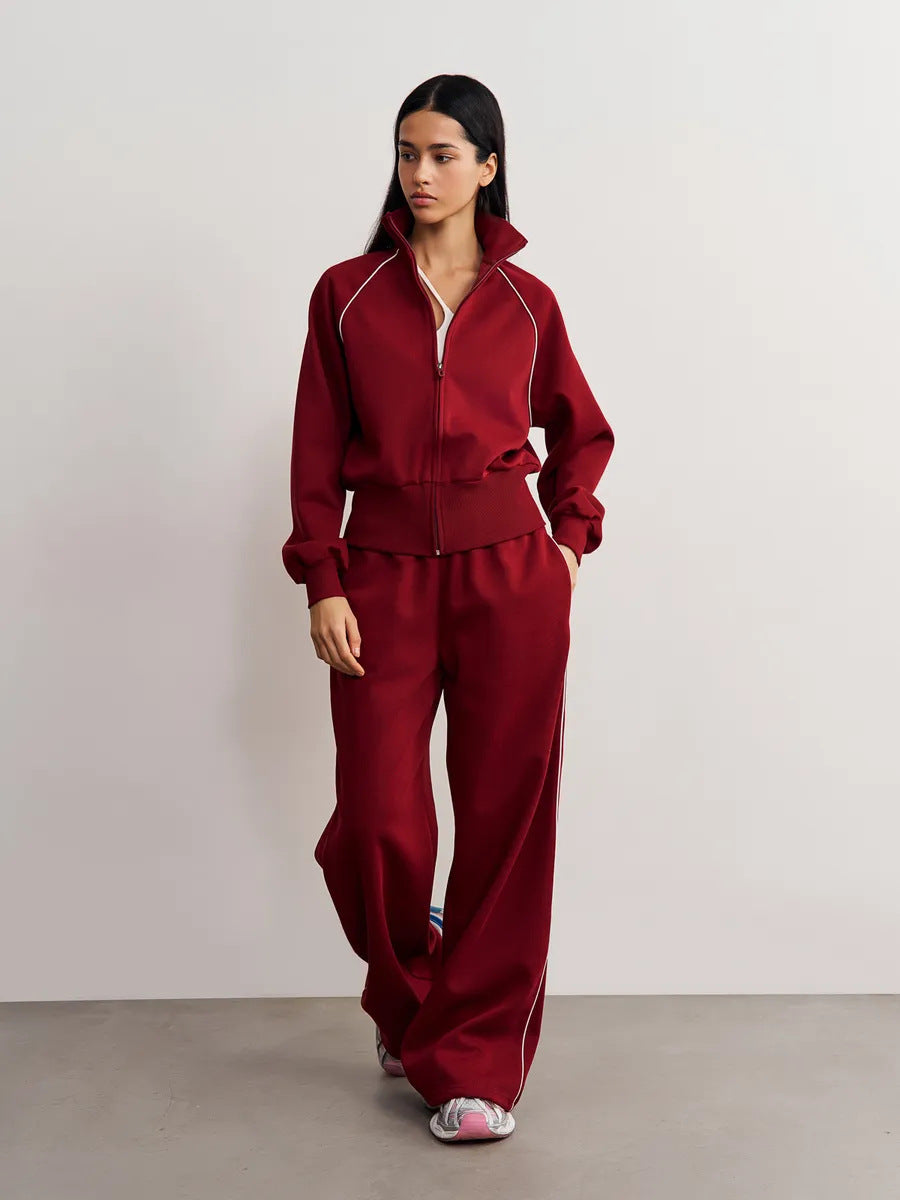 Stylish Line Long-Sleeved Zipper Cardigan Loose-Fitting Trousers Casual Suit