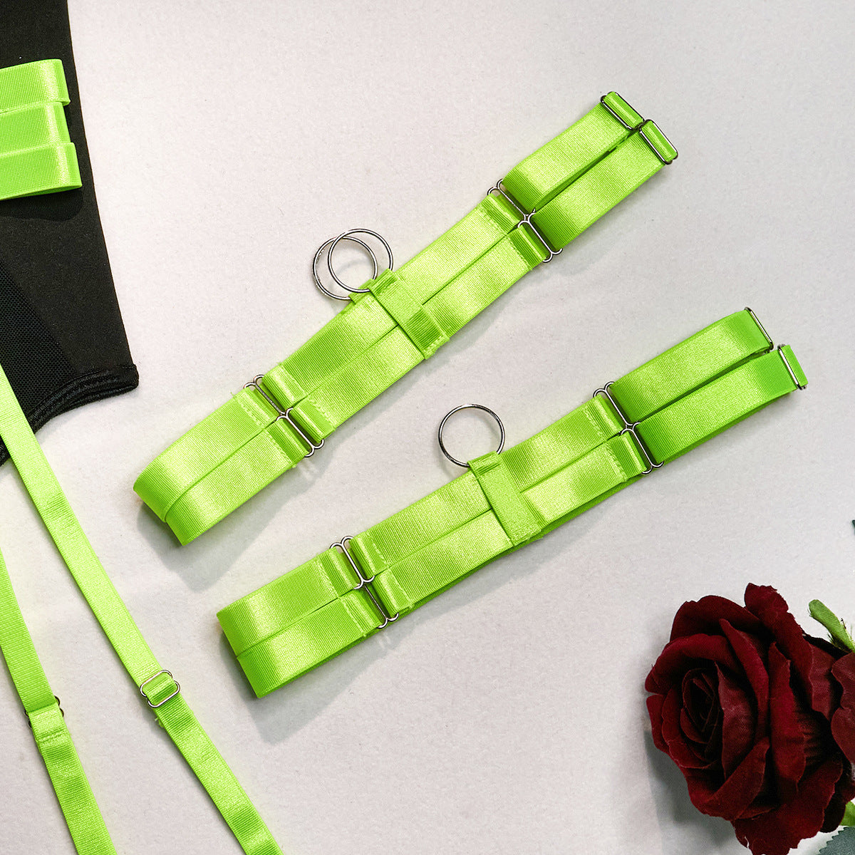 Sexy Fluorescent Green Scarf Strap Shawl Transparent Mesh Steel Ring Gathered Comfortable Jumpsuit