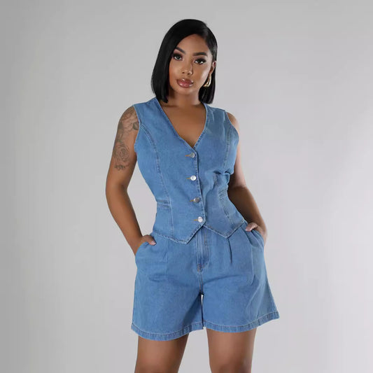 Fashion Casual Sleeveless High Waist Denim Shorts Set