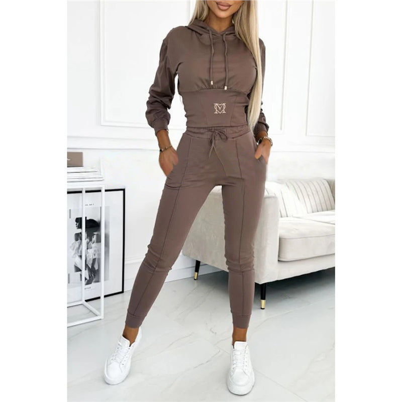 Waist-cinching Hooded Top and Trousers Casual Sportswear Set