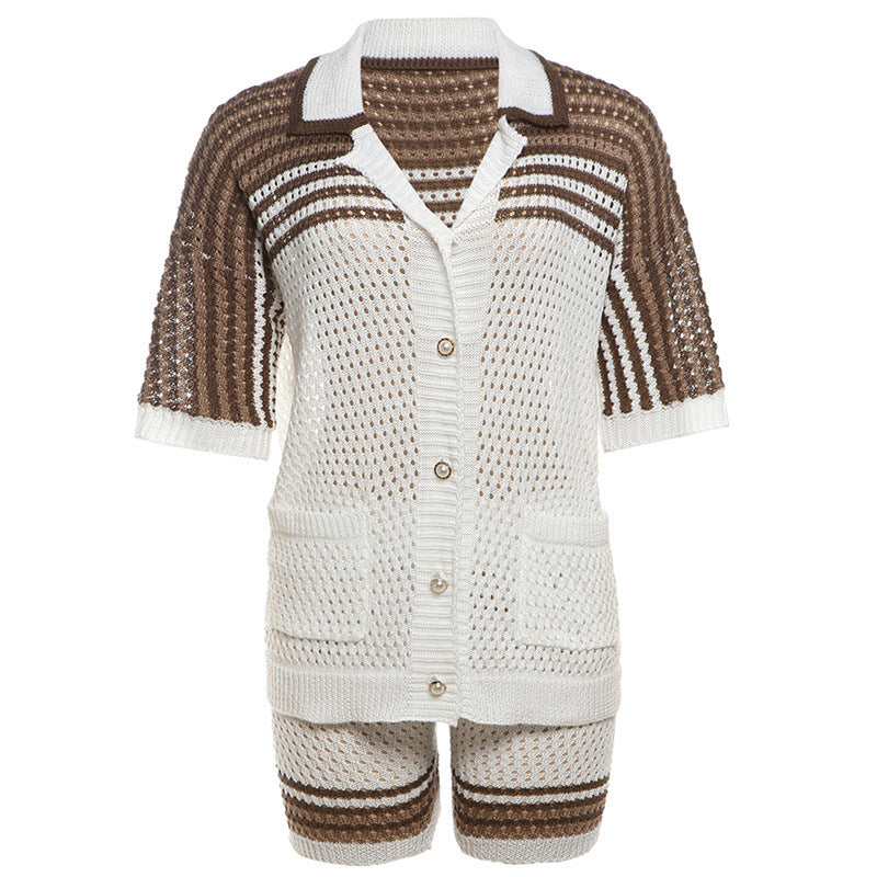 Fashionable Long Sleeved Jacket, High Waisted Shorts, Knitted Leisure Suit