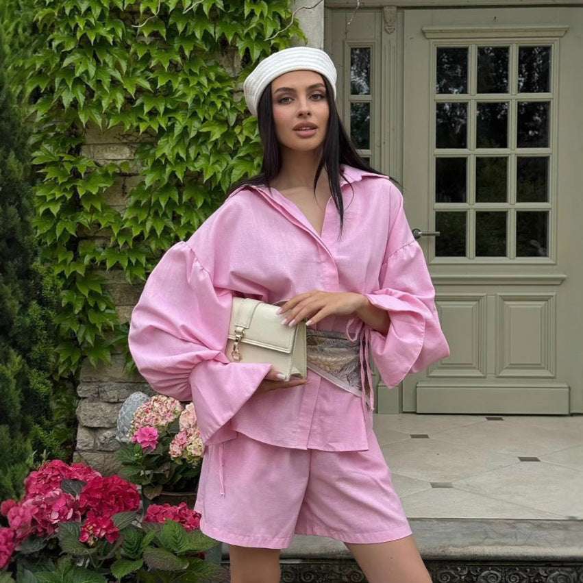 Collared Loose Long-Sleeved Shirt and Wide-Leg Shorts Casual Suit